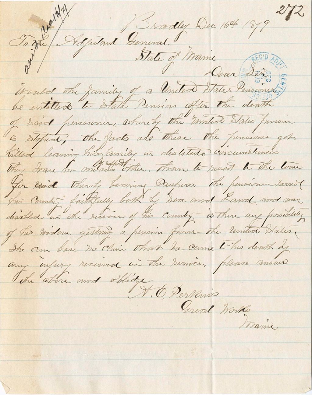 Miniature of A. O. Perkins questioning if the widow of a pensioner is eligible to receive that pension, 1879-12-16