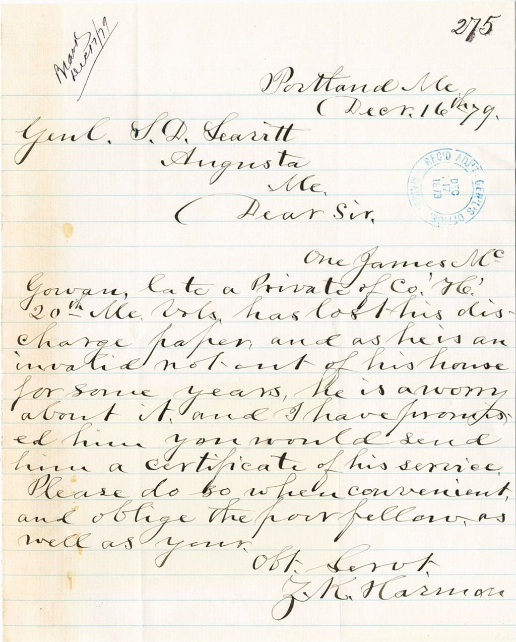 Miniature of Z. K. Harman requesting the service papers of James McGowan be sent to him, 1879-12-16