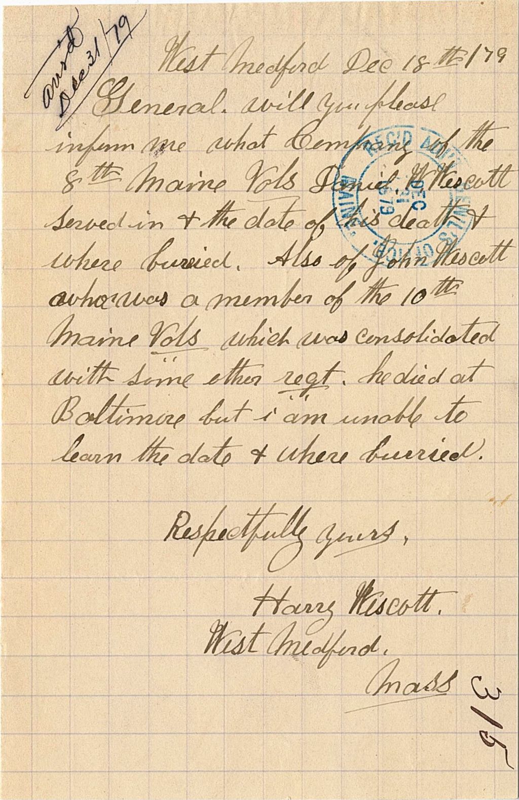 Miniature of Harry Wescott requesting information regarding David W. Wescott including day of death and place of burial, 1879-12-18