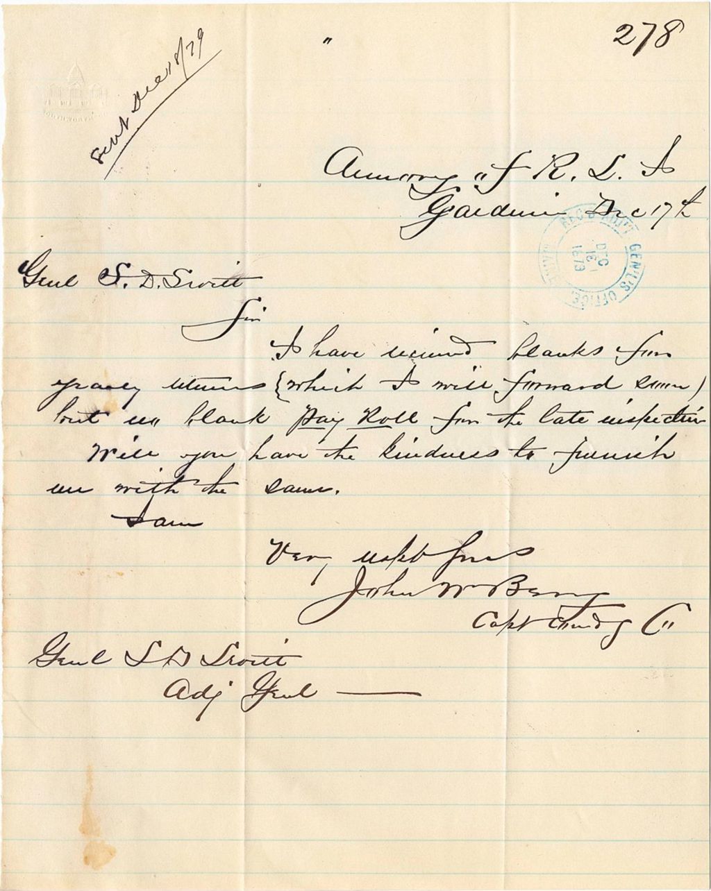 Miniature of John N. Berry requesting blank pay rolls for their recent late inspection, 1879-12-17