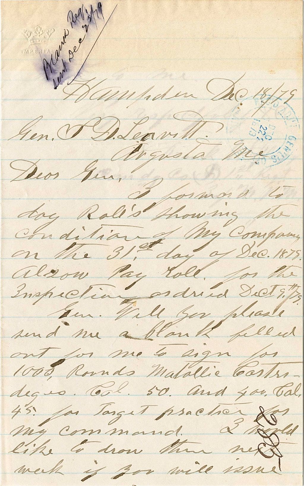 Miniature of Frank G. Hogg sending rolls showing the condition of his company and requesting a blank roll for the purchase of ammunition, 1879-12-18