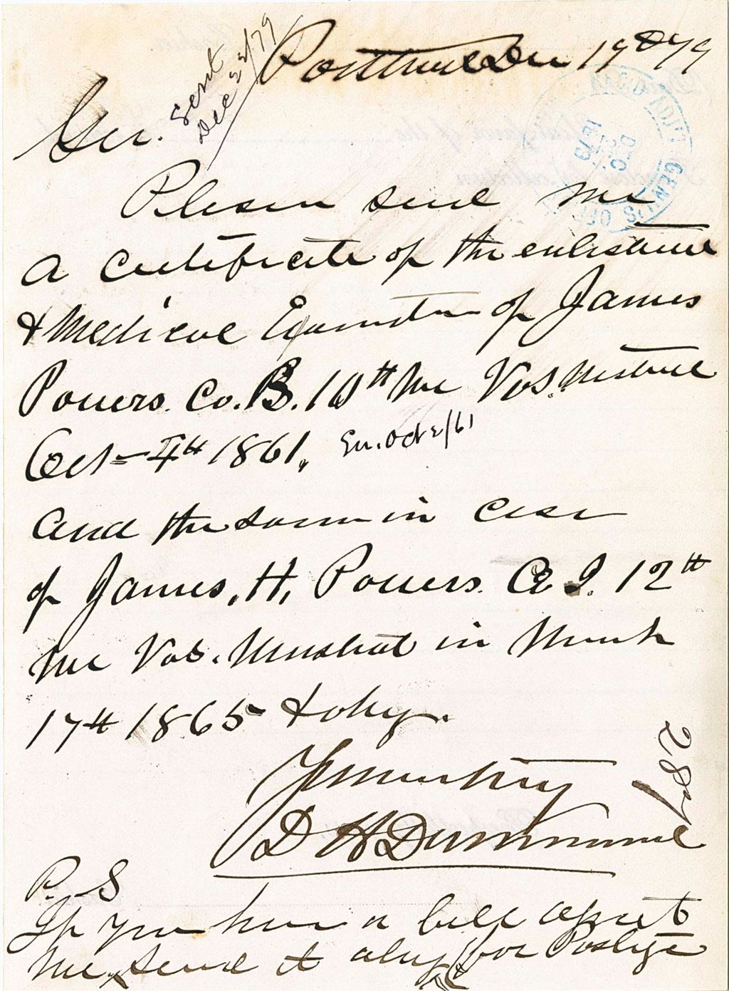 Miniature of D. H. Dummand requesting a certificate of enlistment and medical information for James Powers, 1879-12-19
