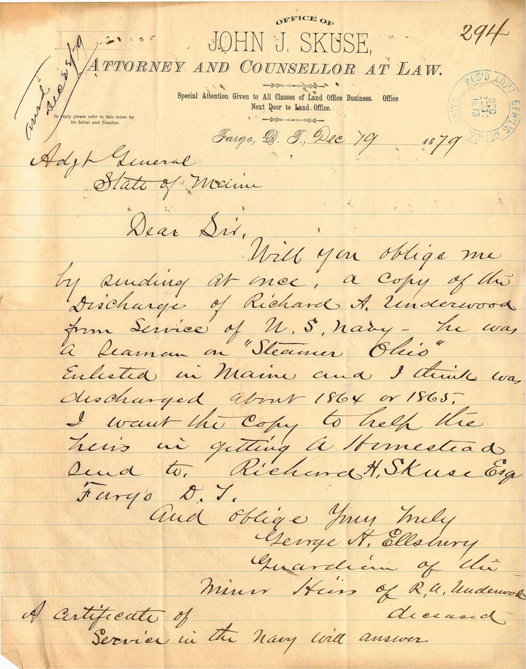 Miniature of George H. Ellsbury requesting a copy of the discharge of Richard A. Underwood from service of the U. S. Navy, 1879-12-19