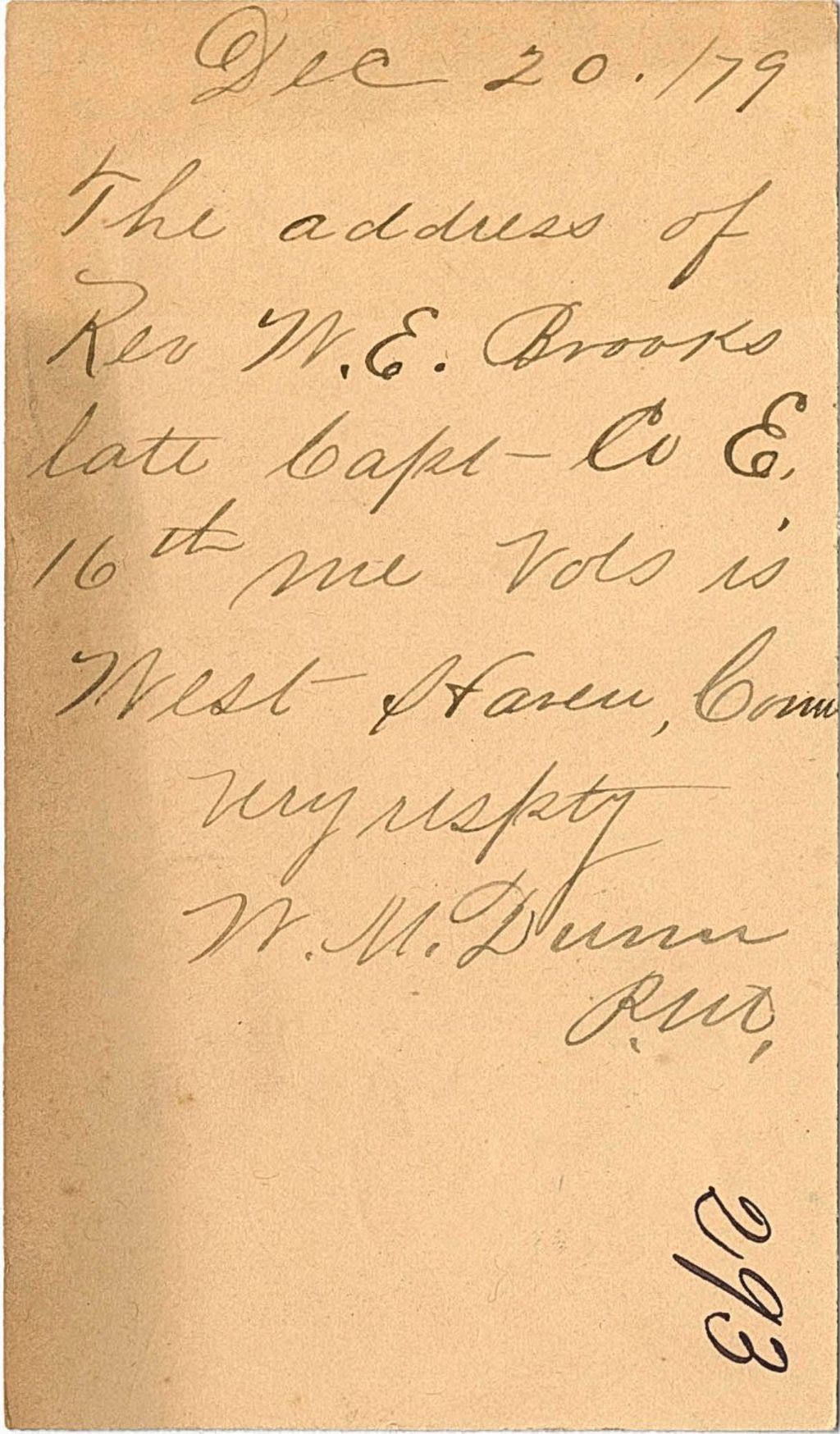 Miniature of W. M. Dunn requesting the address of Rev, W. E. Brooks, 1879-12-20