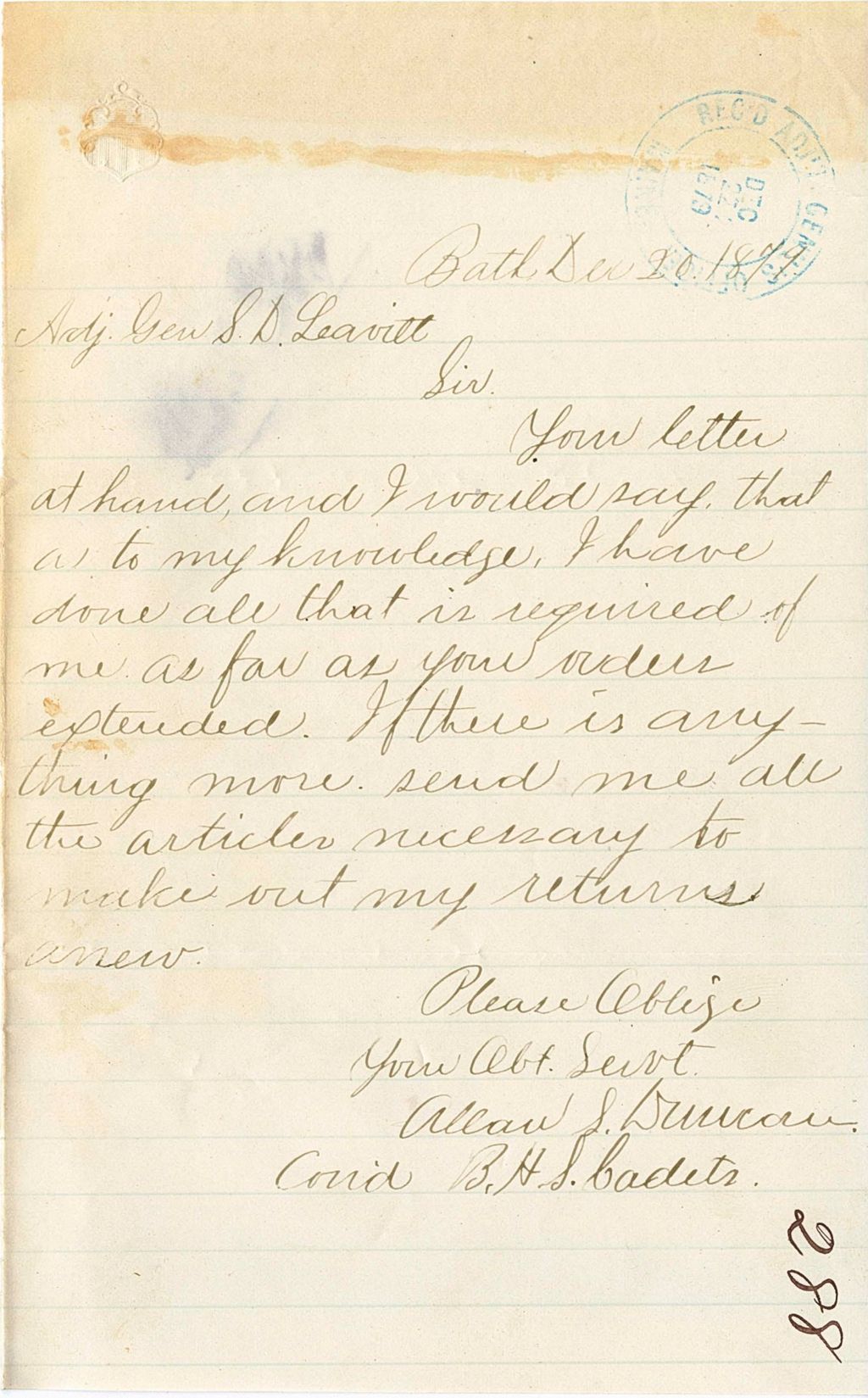 Miniature of Allan S. Duncan writing that he has sent in all of his returns properly, 1879-12-20