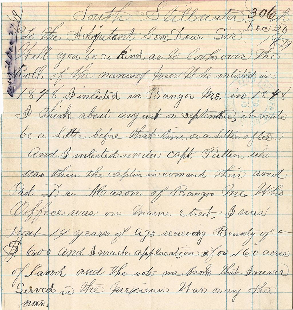 Miniature of Geo. Halton requesting proof of his service to get pension and land, 1879-12-20