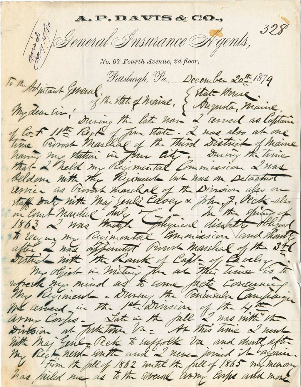 Miniature of A. P. Davis requesting information about his service records and the divisions he was transferred to, 1879-12-20