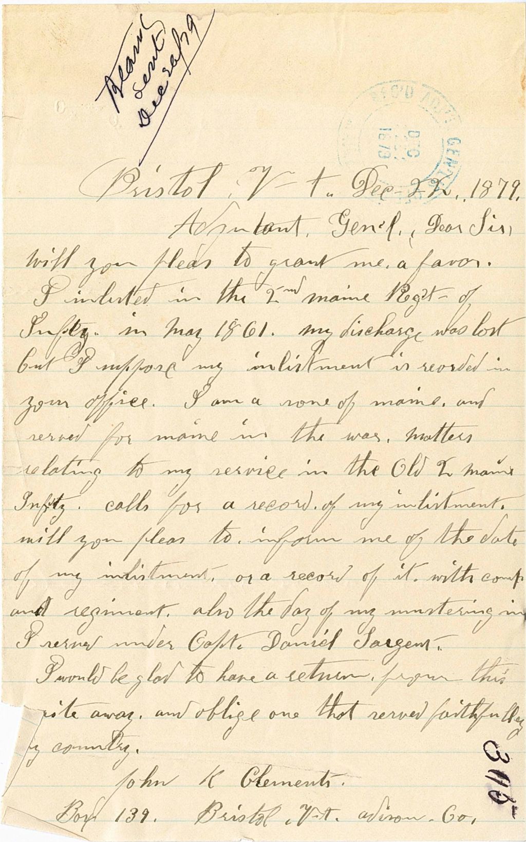 Miniature of John K. Clements requesting his service records, 1879-12-22