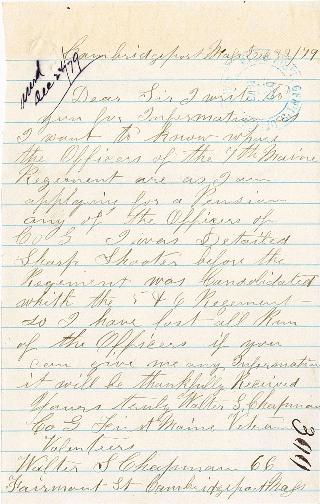 Miniature of Walter S. Chapman requesting information to be eligible for a service pension, 1879-12-22