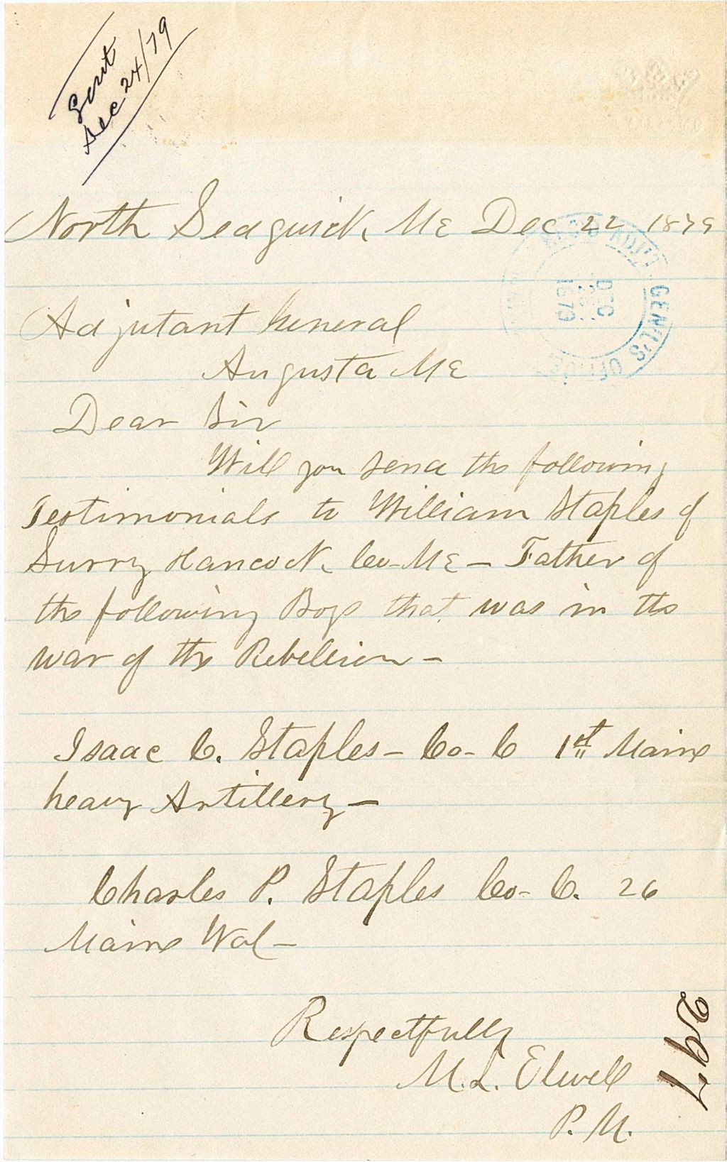 Miniature of M. L. Elwell Requesting testimonials of Isaac L. Staples to be sent to William Staples, 1879-12-22