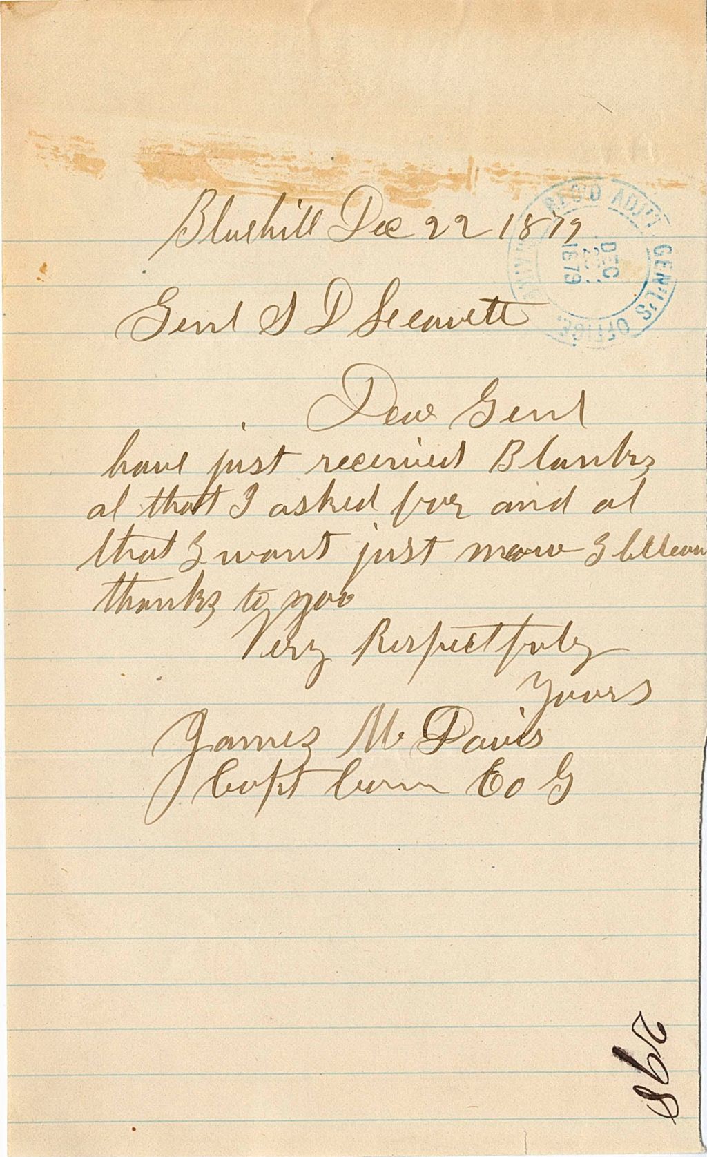 Miniature of James M. Davis acknowledging the blanks that he received, 1879-12-22