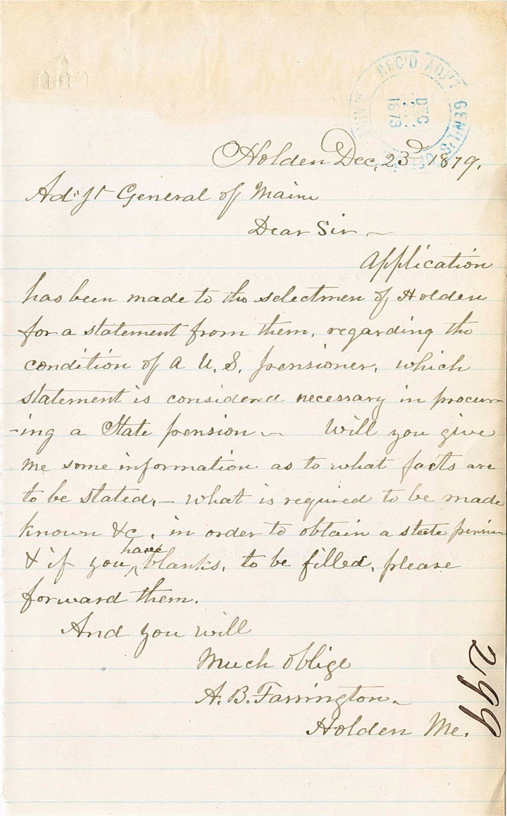 Miniature of A. B. Farrington regarding the statement of a selectman to receive pension, and requesting blanks to fill out, 1879-12-23