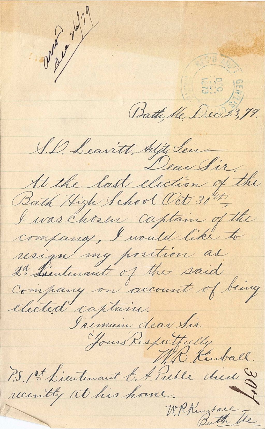 Miniature of W. R. Kimball resigning his position in order to take his newly elected position of captain, 1879-12-23