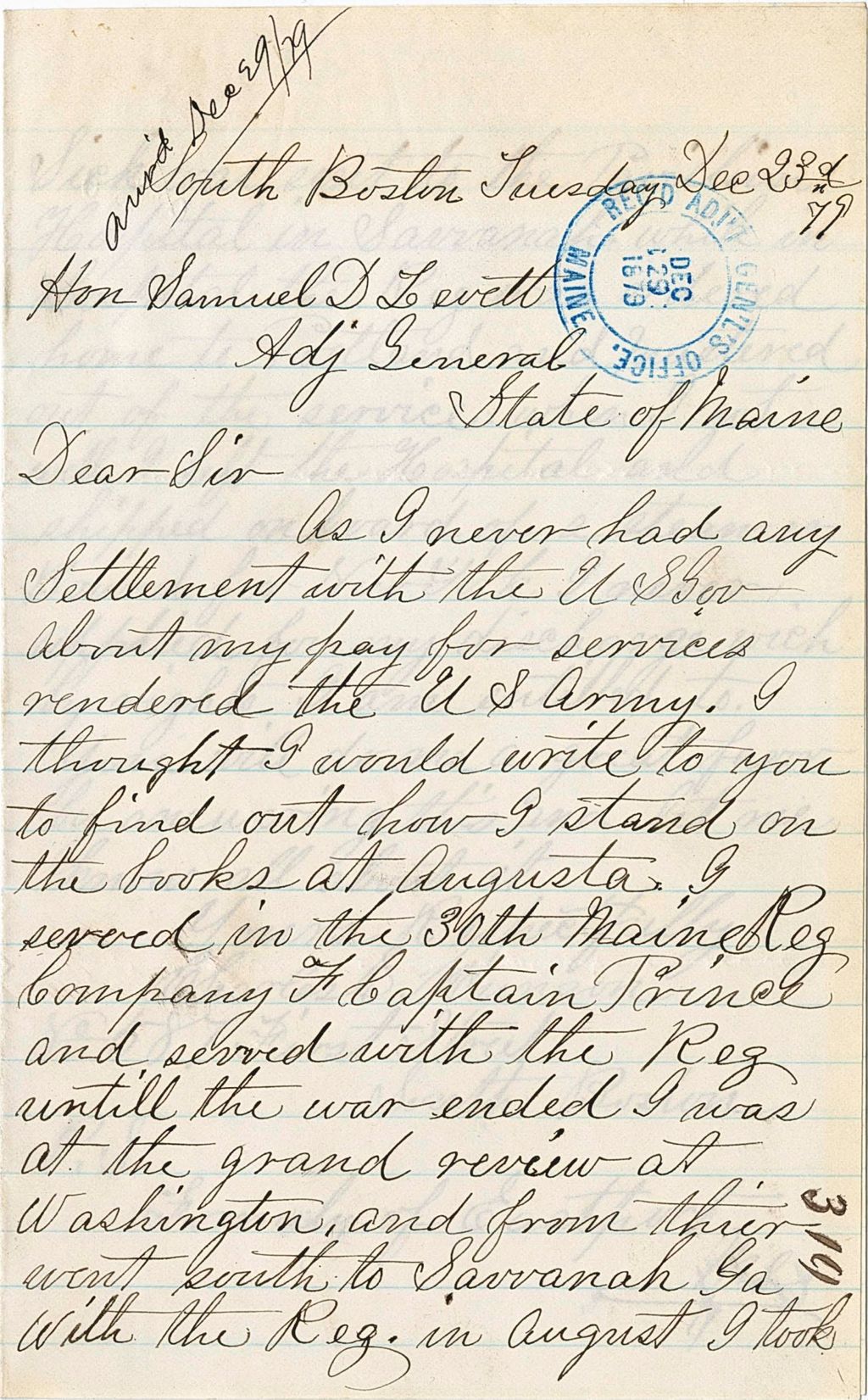 Miniature of Charles E. Manson requesting information about pension and payment for his service, 1879-12-23