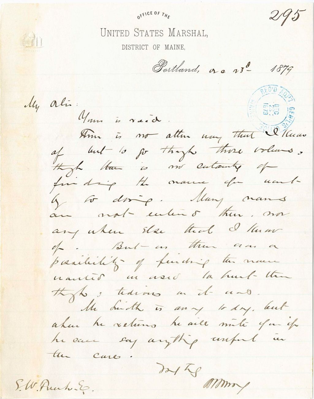 Miniature of The Office of the United States Marshal, S. W. Rich. E regarding finding a certain name, 1879-12-23