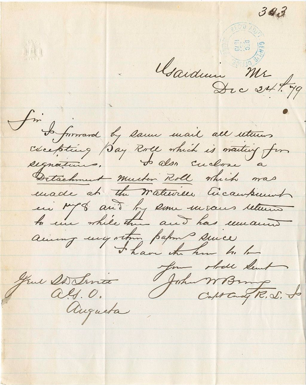 Miniature of John N. Berry sending a Detachment Member Roll, 1879-12-24
