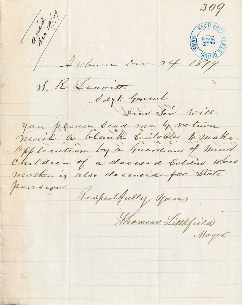 Miniature of Thomas Littlefield requesting a blank application to gain guardianship of orphans, 1879-12-24