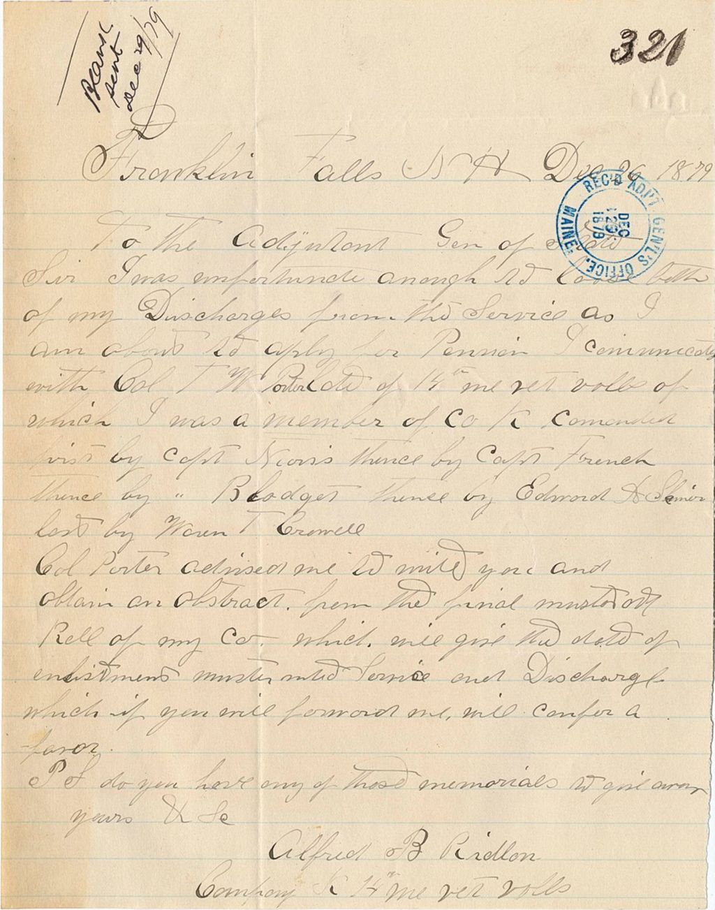 Miniature of Alfred B. Ridlon requesting a copy of his discharge papers, 1879-12-26