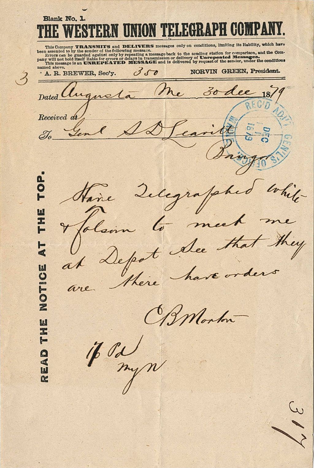 Miniature of B. Morton telegraphing to request a meeting at the Depot, 1879-12-30