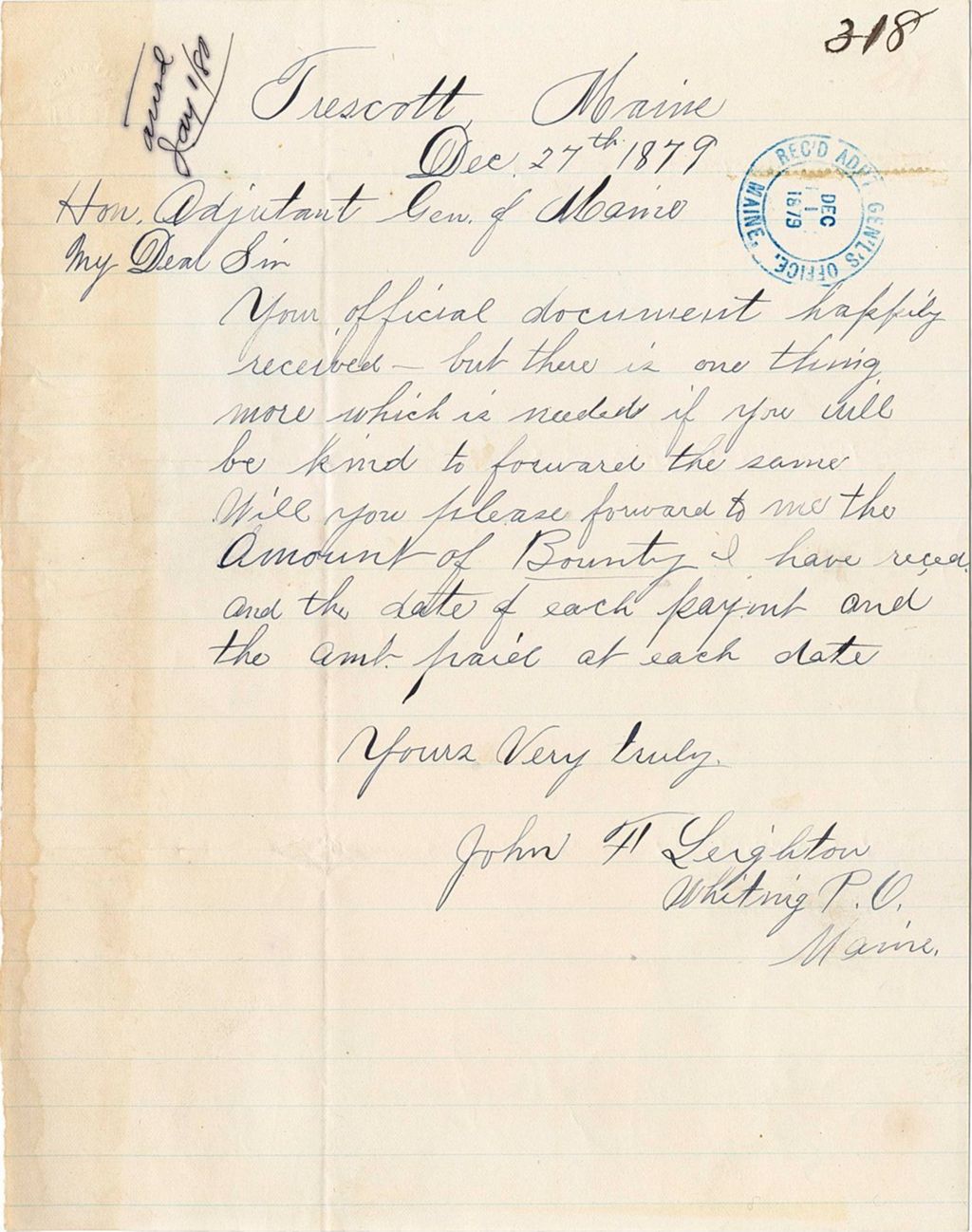Miniature of John F. Leighton asking for the amount of bounty that he has received and the date of each payment, 1879-12-27