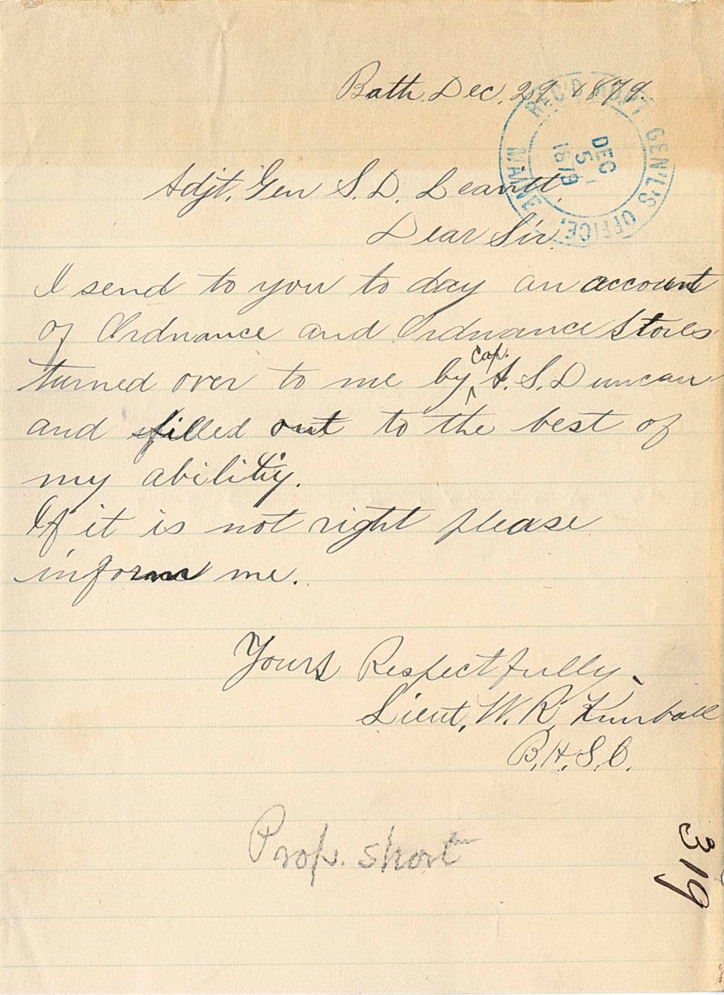 Miniature of W. R. Kimball sending filled ordances, 1879-12-29