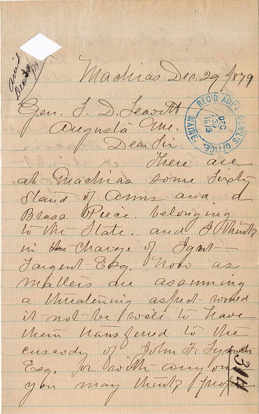 Miniature of J. Lawuner requesting that the surplus of arms belonging to the state located in Machias be turned over to John F. Lynch and anyone who the state believes should use them, 1879-12-29