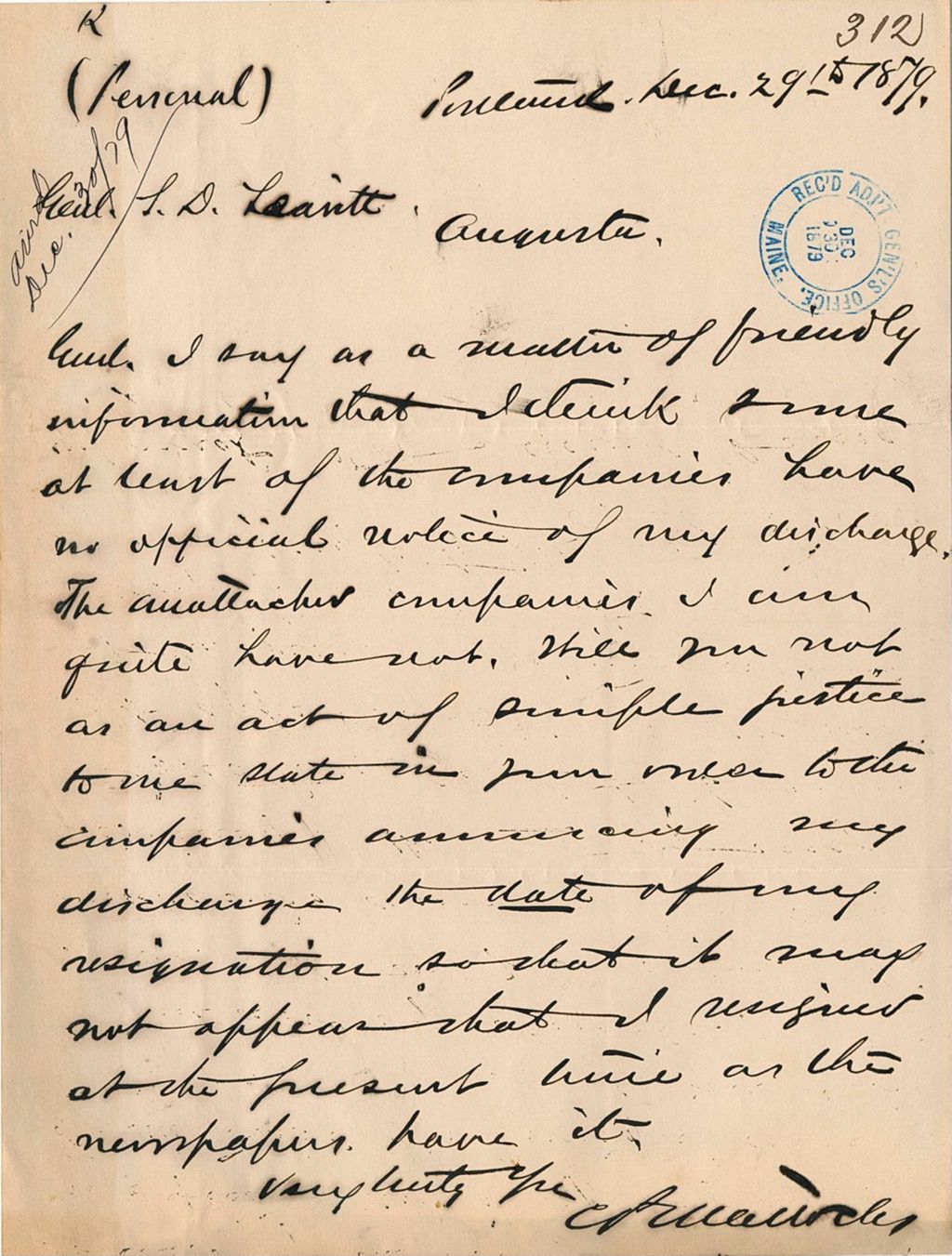 Miniature of C. [Guaurle] requesting his discharge information, 1879-12-29