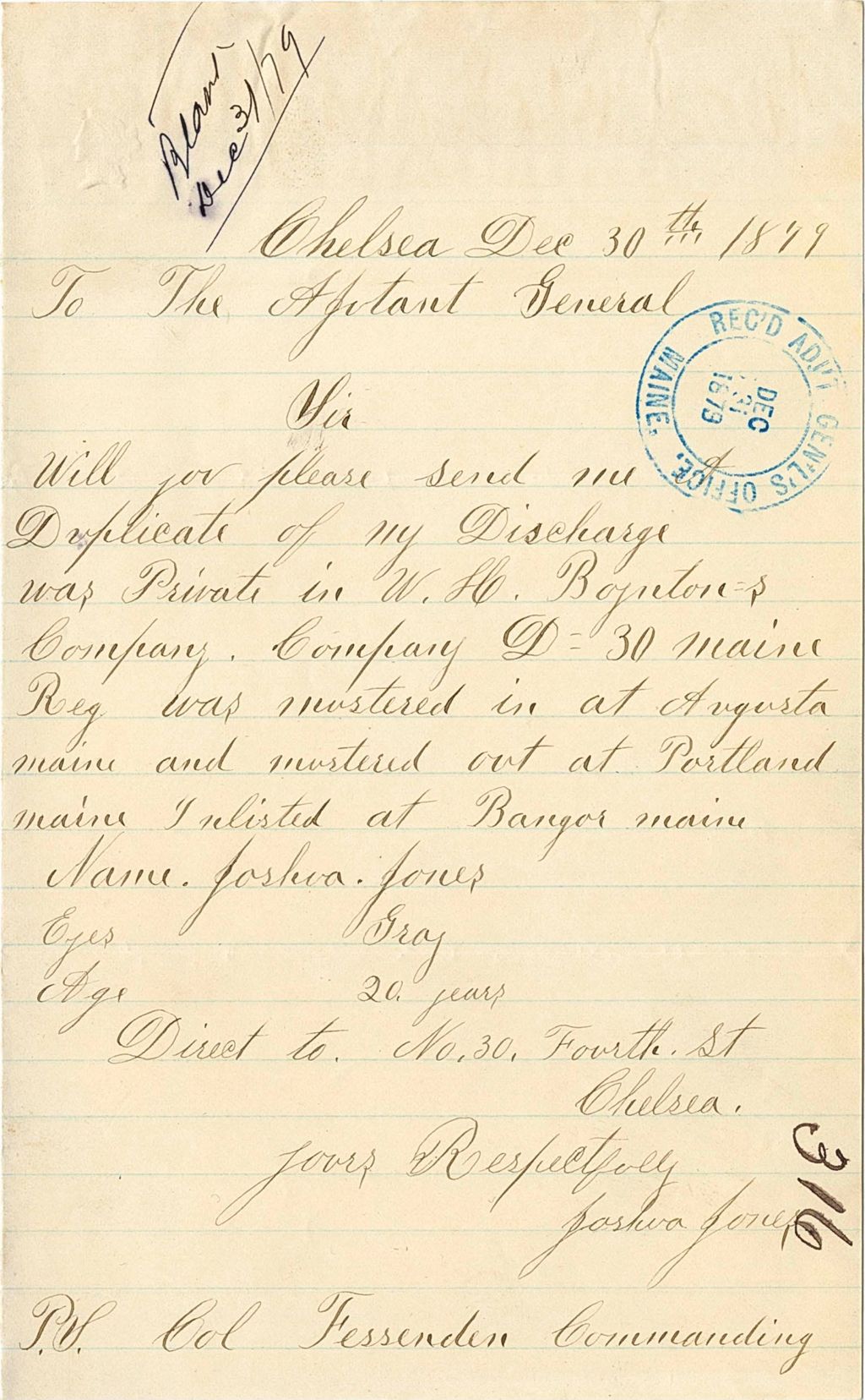 Miniature of Joshua Jones requesting a duplicate of his discharge, 1879-12-30