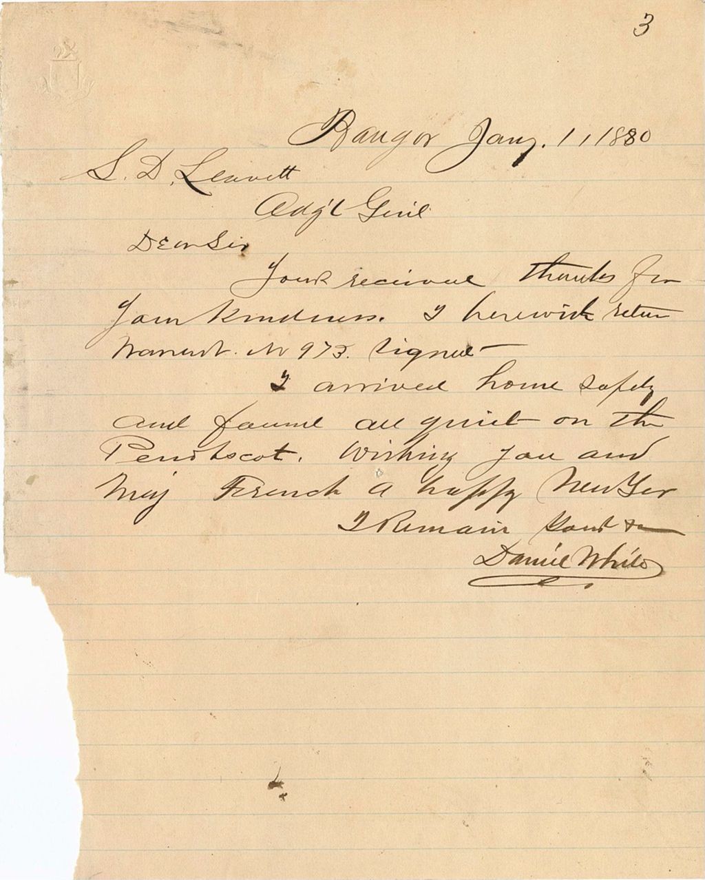 Miniature of Daniel White returning a [signed manual of 973] and wishing a happy New Year, 1880-01-01