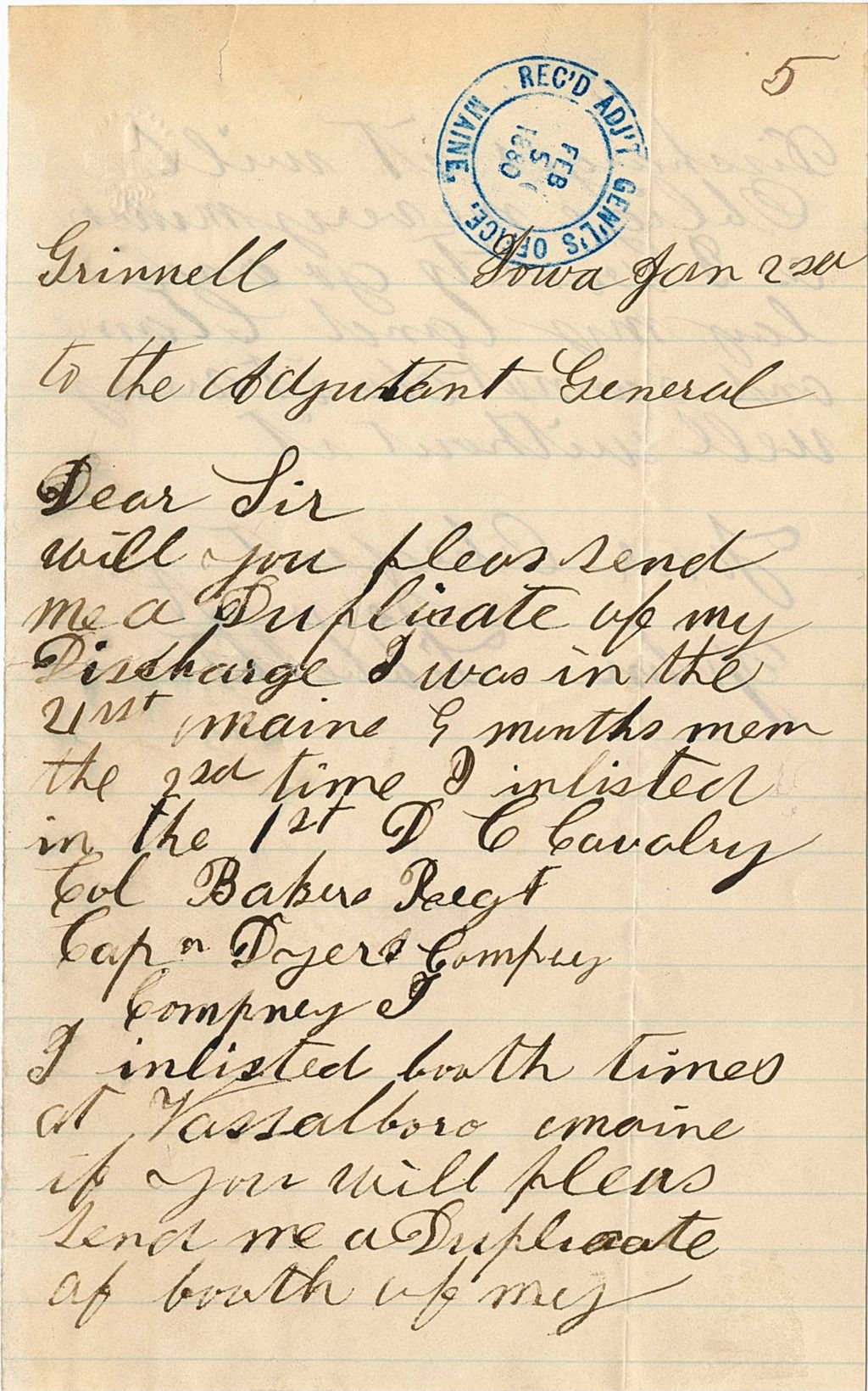 Miniature of John Tibbetts requesting his discharge papers, 1880-01-02