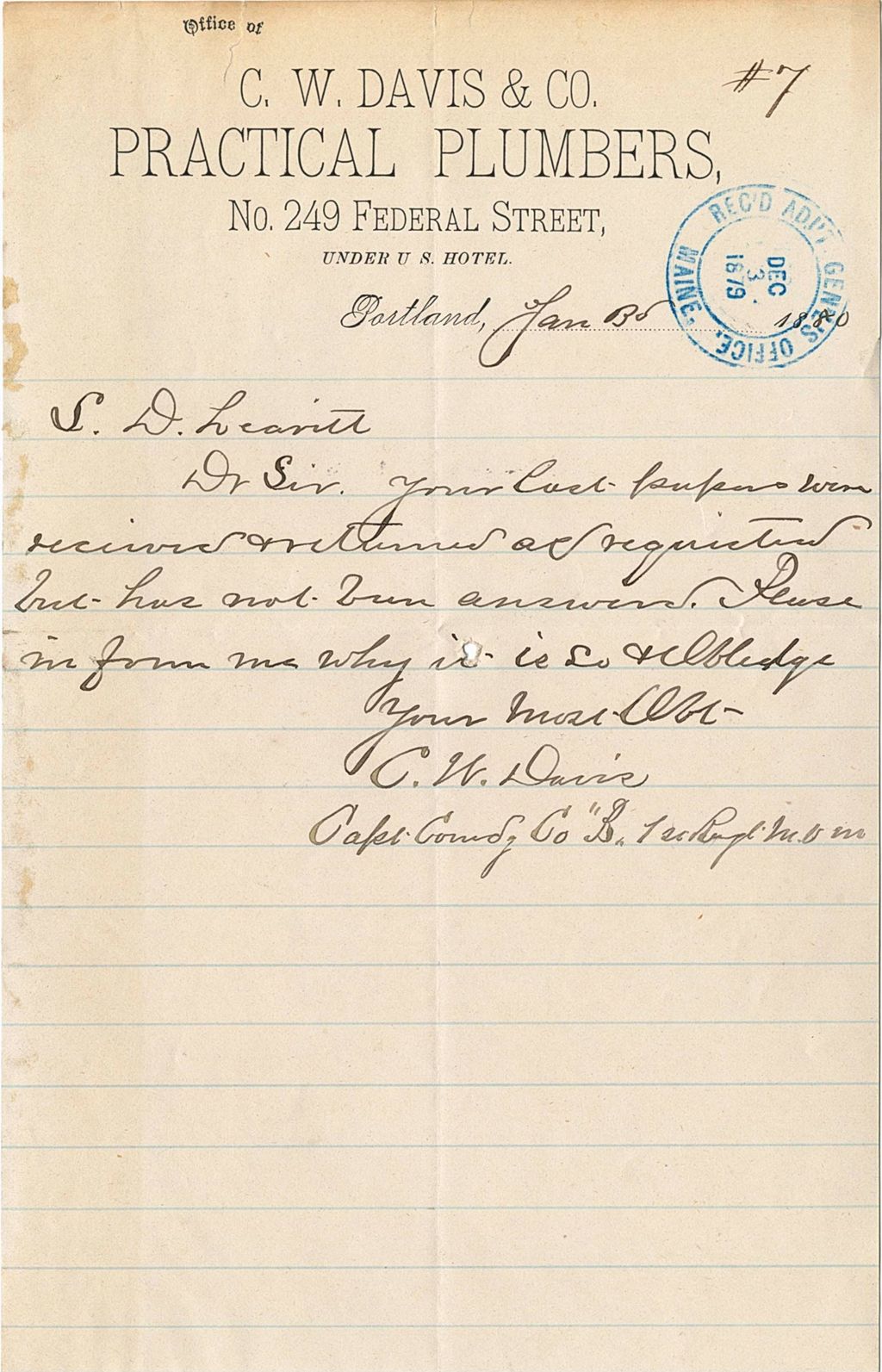 Miniature of C. W. Davis questioning a previous letter he received, 1880-01-03
