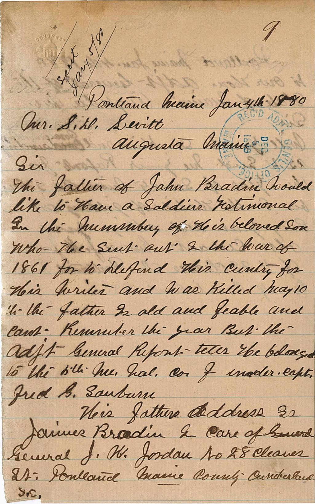Miniature of J. w. Jordan requesting a soldiers testimonial for the father of John Bradiu, James Bradiu, 1880-01-04