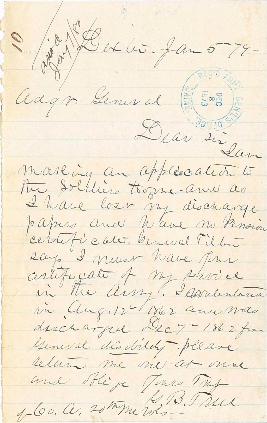 Miniature of G. B. [True] requesting his service record, 1879-01-05