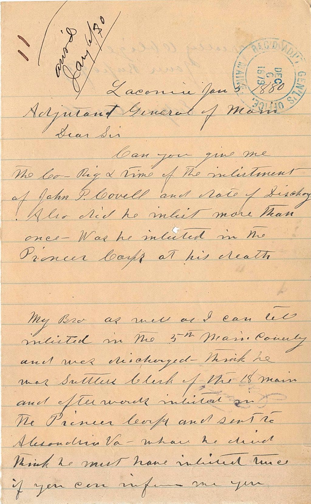 Miniature of Edgar L. Lovell requesting the inlistment and discharge information of John P. Lovell, 1880-01-05