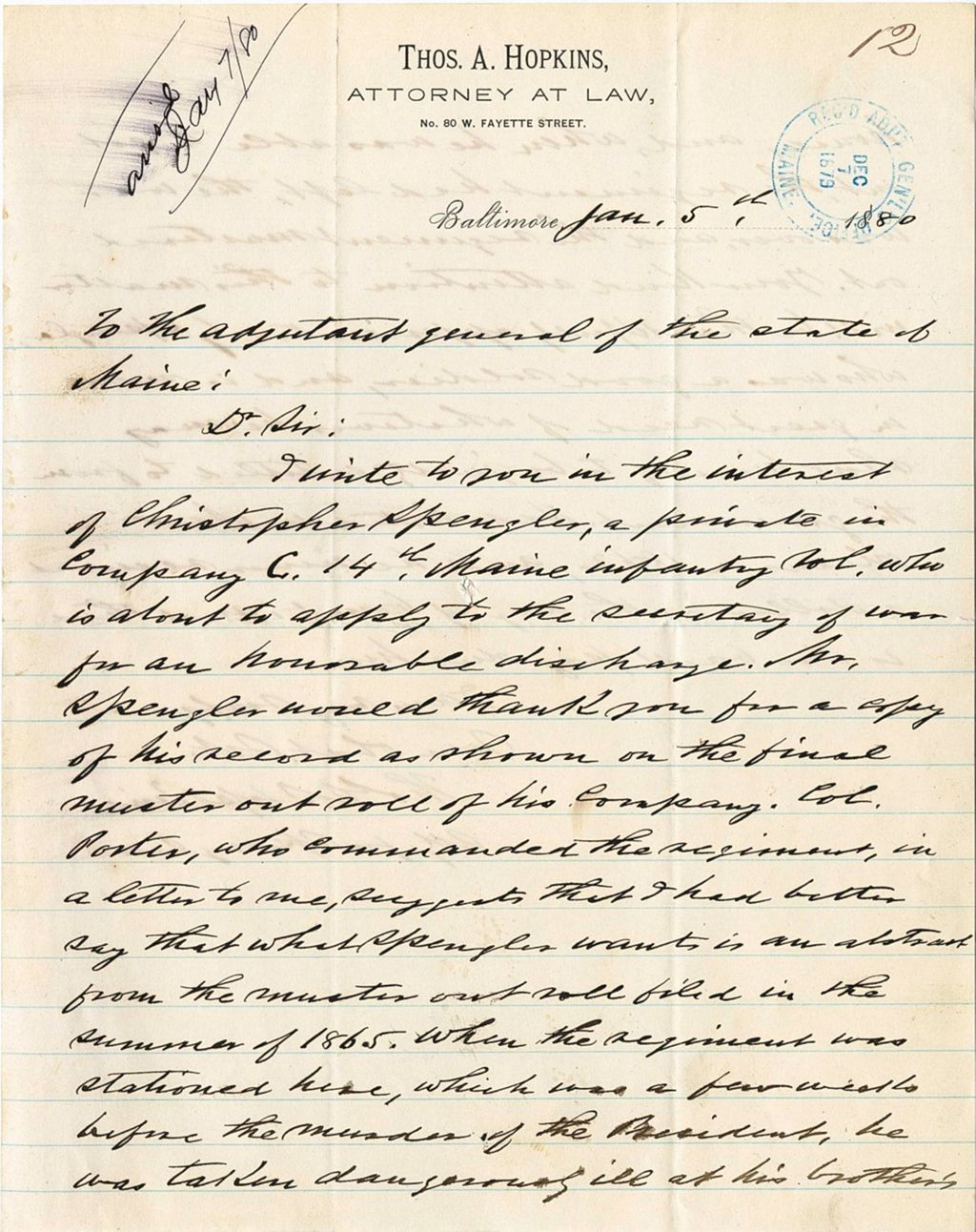 Miniature of Thos A. Hopkins requesting specific information regarding Christopher Spengler which would allow him to apply for an honorable discharge, 1880-01-05