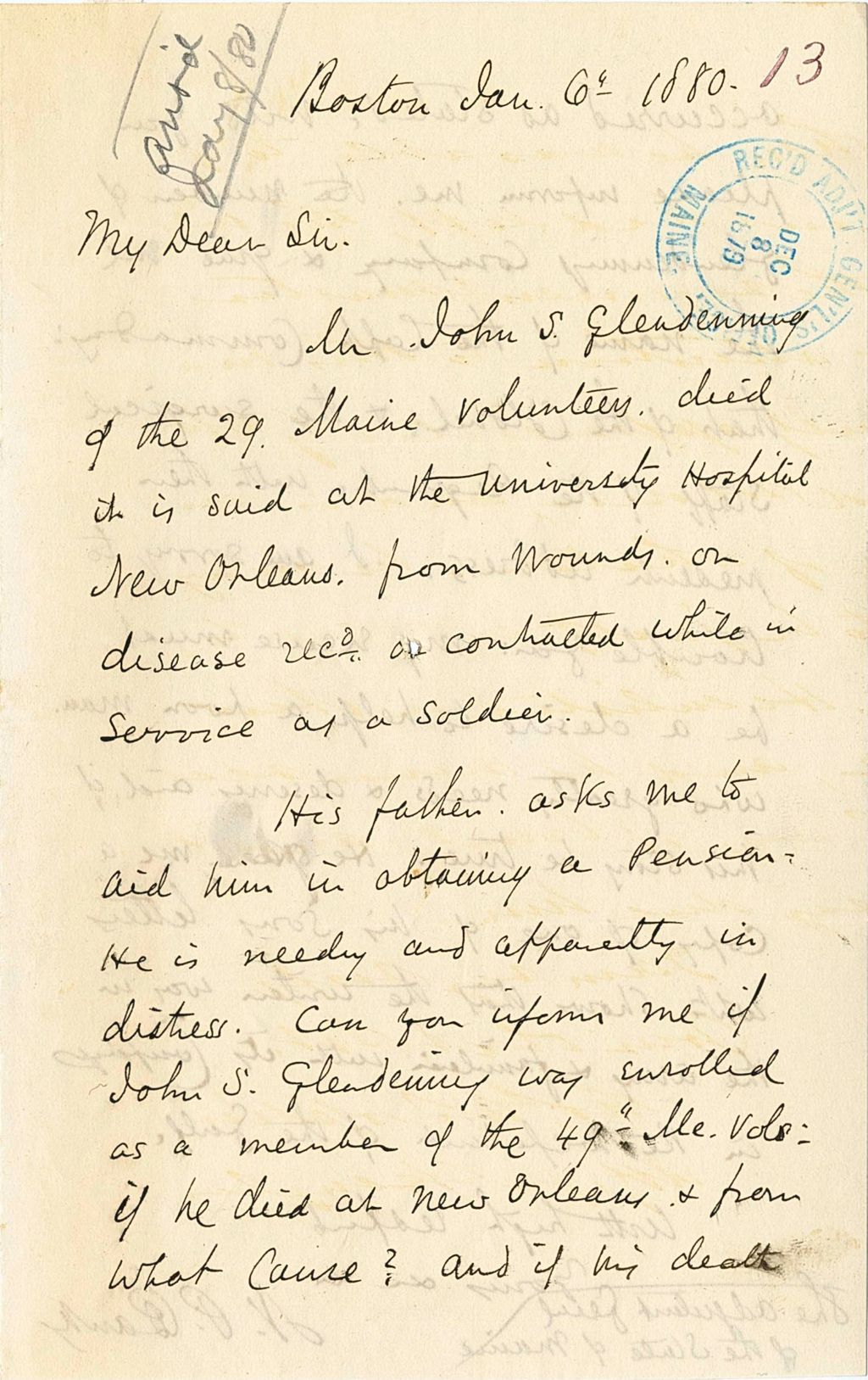 Miniature of N. P. [Pauly] requesting information about John S. Gleadenning's death in order for his father to obtain a pension, 1880-01-06
