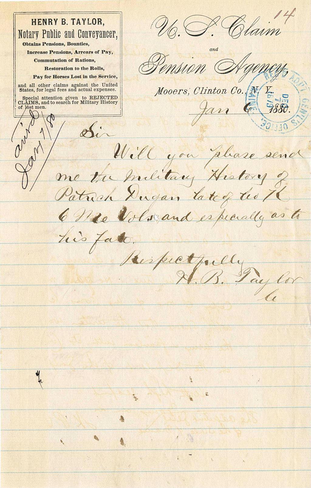 Miniature of Henry B. Taylor requesting the military history of Patrick Dugan, 1880-01-06