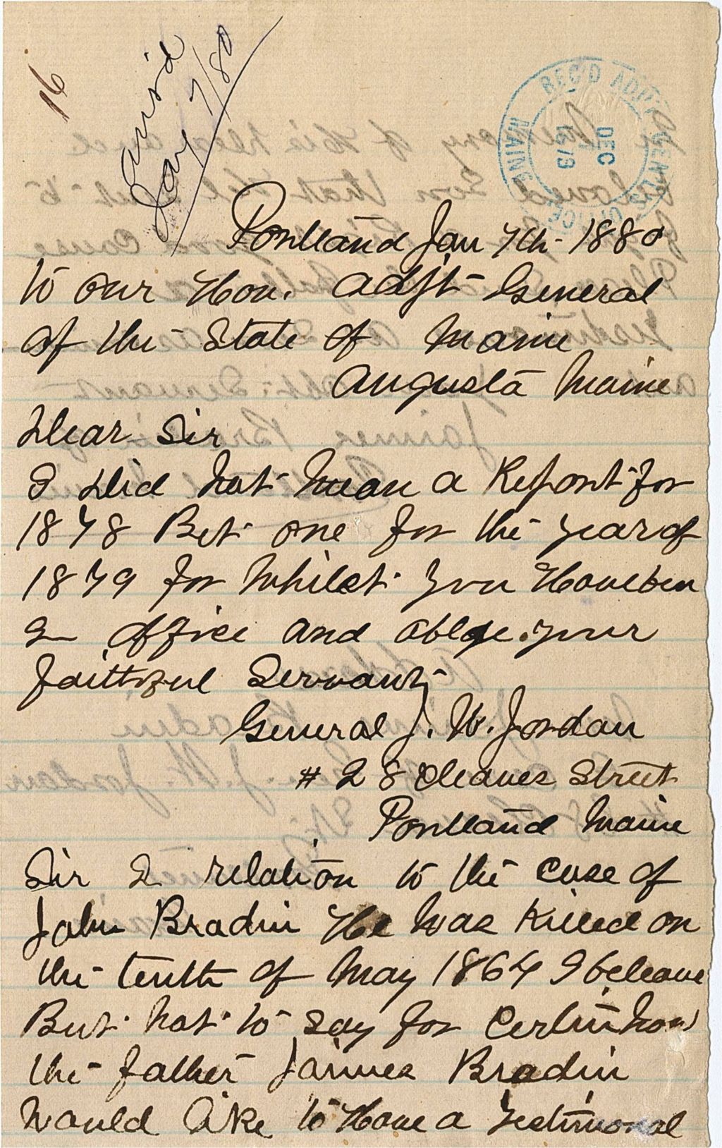 Miniature of James Bradiu requesting a testimonial for his son, John Bradiu, 1880-01-07