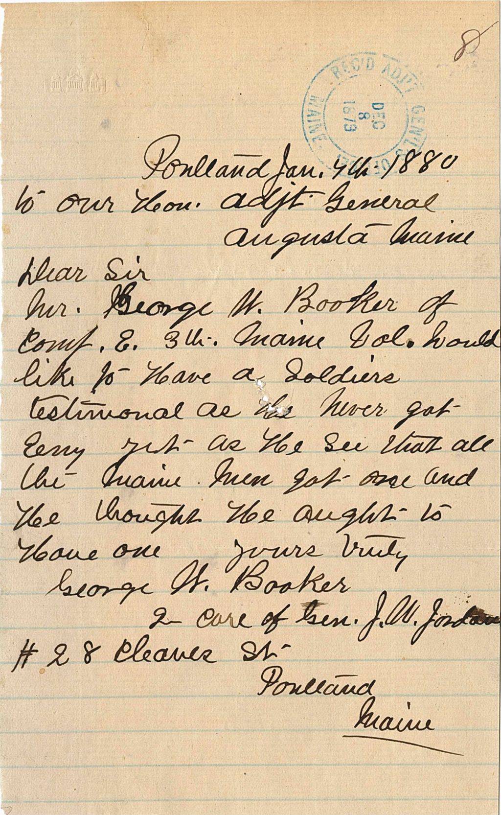 Miniature of George H. Booker requesting a testimonial be sent for George W. Booker, 1880-01-07