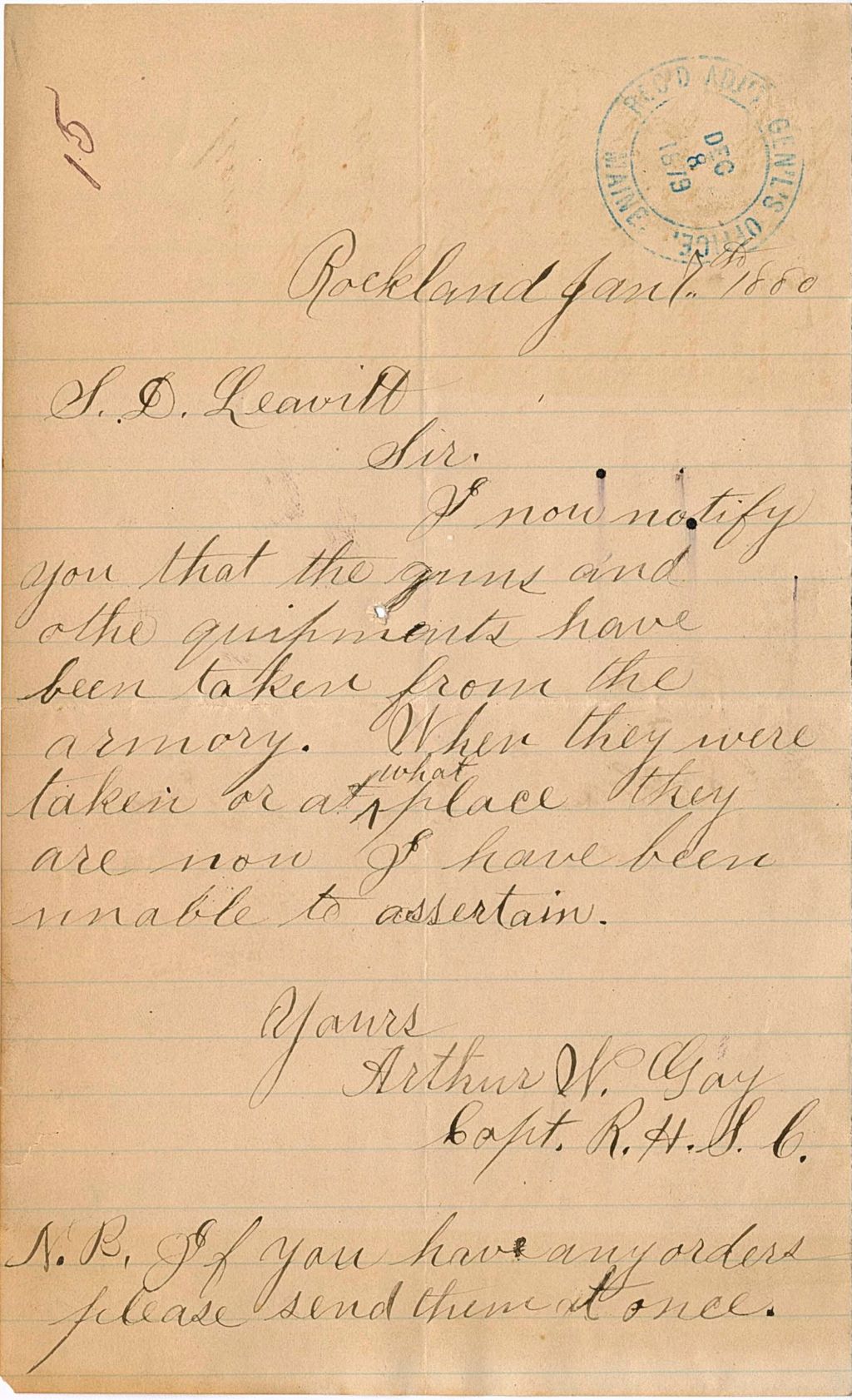 Miniature of Arthur N. Gay informing that their arms have been moved, and they do not know the place they have been moved, 1880-01-07