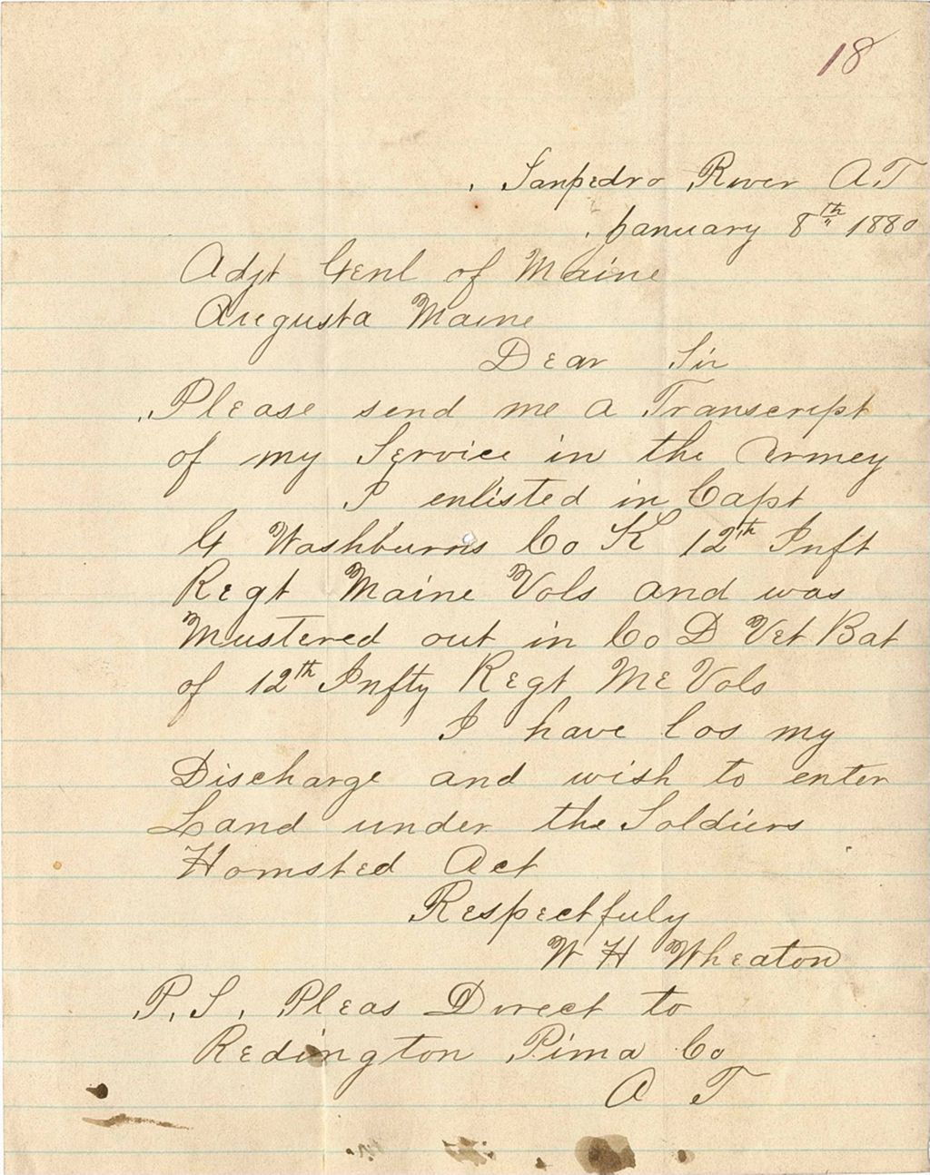 Miniature of W. H. Wheaton requesting a transcript of his service in the army, 1880-01-08