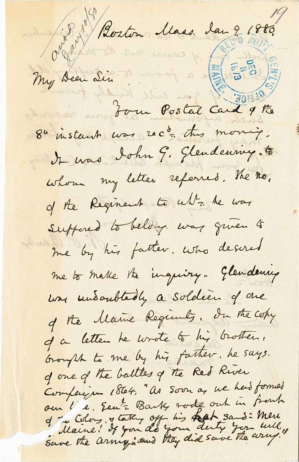 Miniature of N. P. [Pauly] requesting more information about John S. Gleadenning's death, 1880-01-09