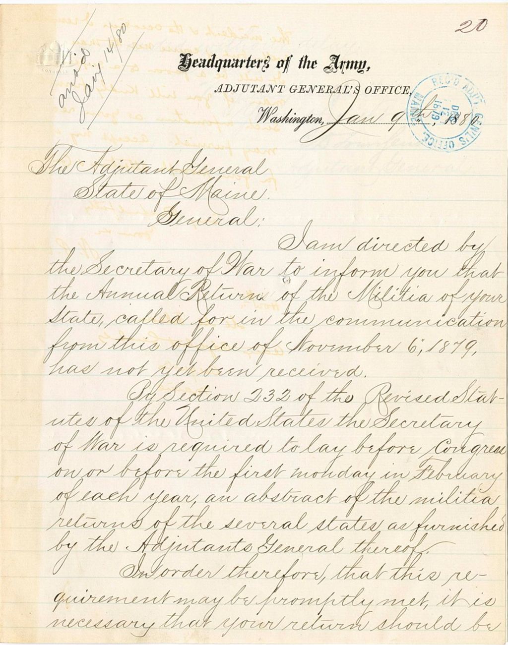 Miniature of United States Adjunct General, E. D. Lanfeud, reaching out to the state of Maine requesting that they send in their late dues to the secretary of war, 1880-01-09