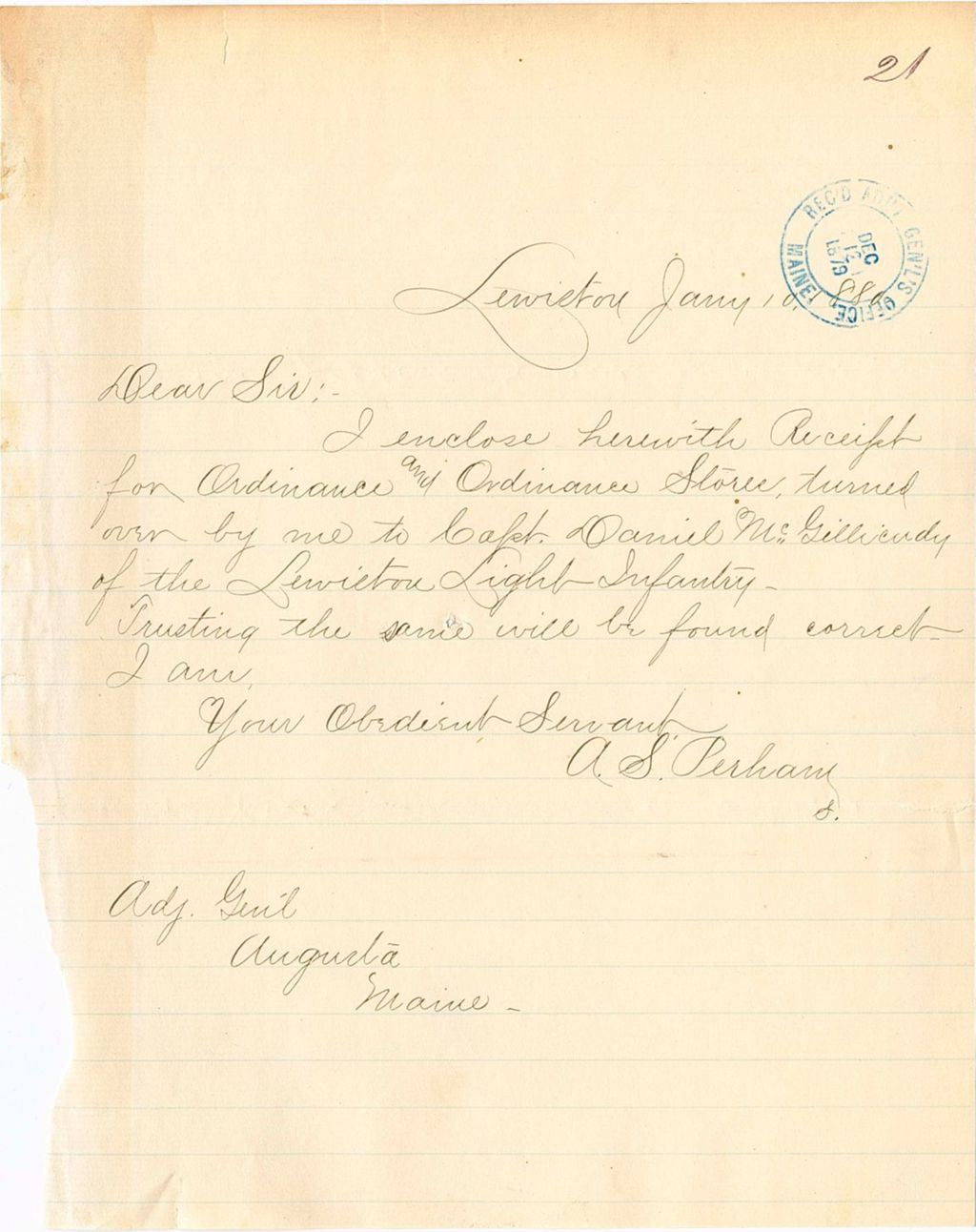 Miniature of A. S. Perham sending a reciept for ordinances from the Lewiston Light Infantry, 1880-01-10