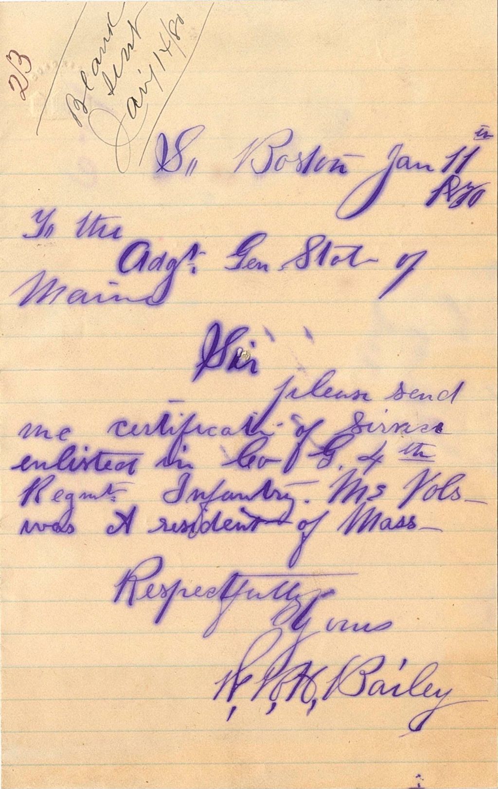 Miniature of W. H. Bailey requesting his certificate of service, 1880-01-11