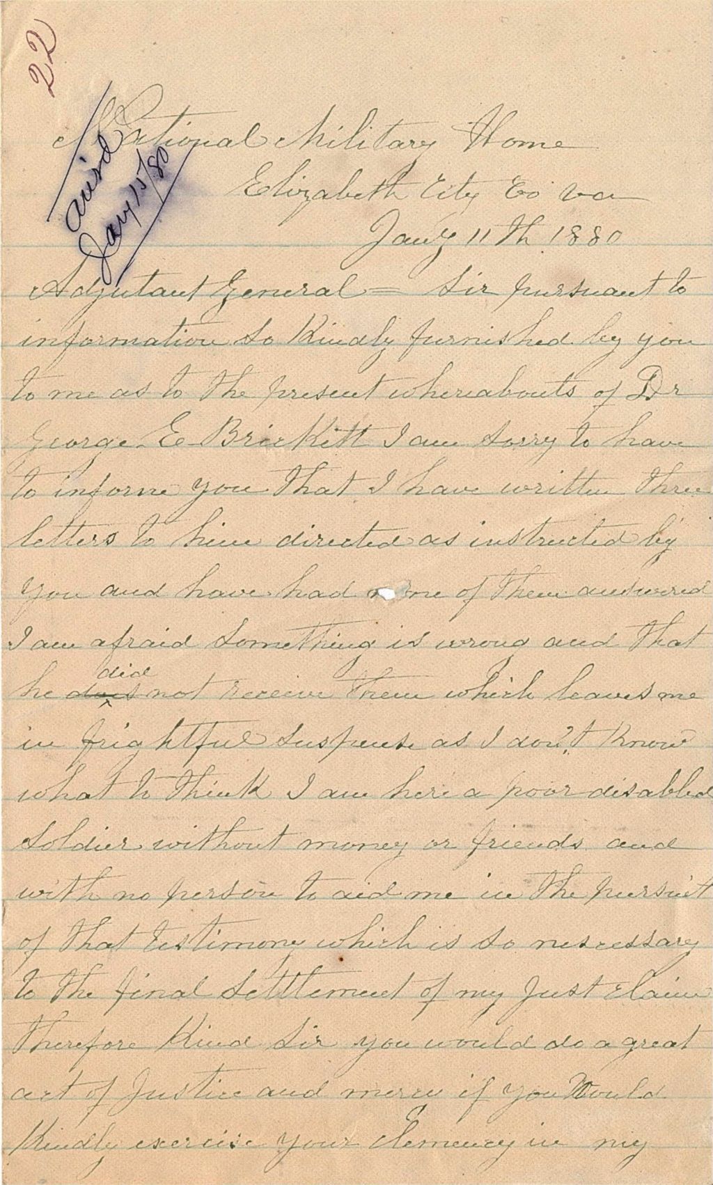 Miniature of Robert Lynch requesting help in contacting Dr. George E. Brickett, he has not been getting any response to his letters, 1880-01-11