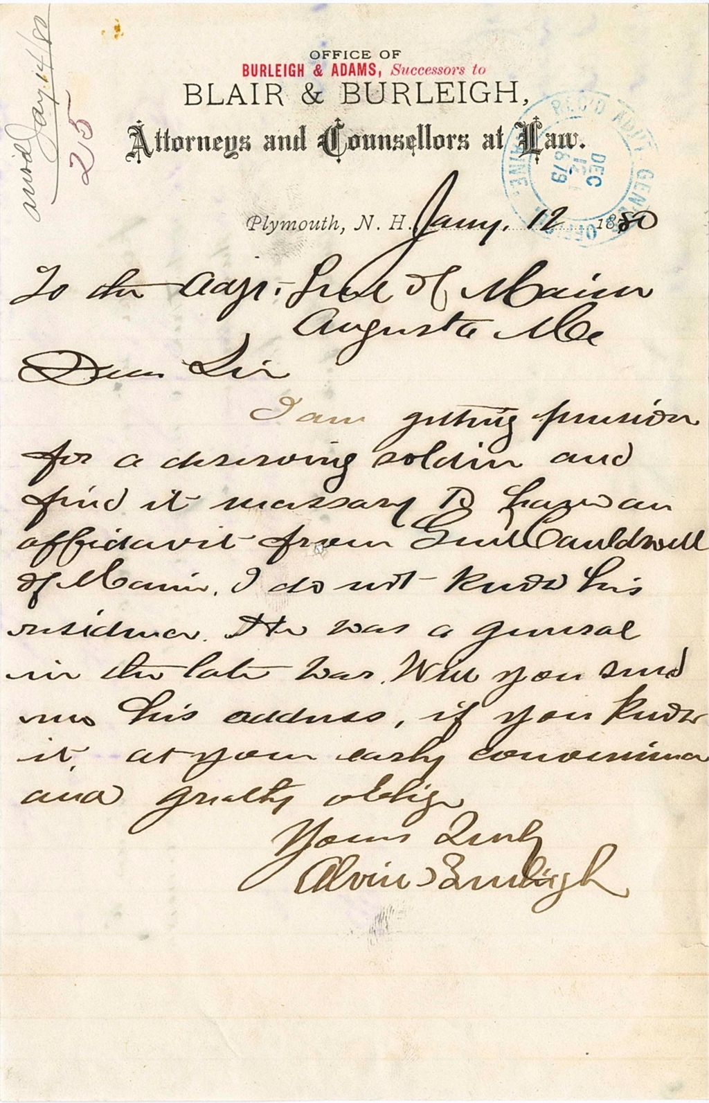 Miniature of Alvis Burleigh requesting information about [Gail] Cauldwell in order to help the soldier receive a pension, 1880-01-12