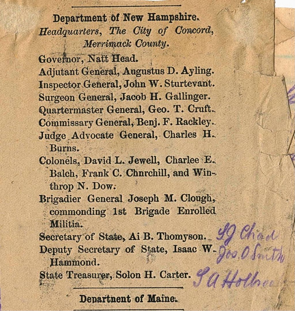 Miniature of List of names from the Department of New Hampshire wax sealed to letter from Henry Hilkine. Rigular asking for a register of those in the Department of Maine, 1880-01-12