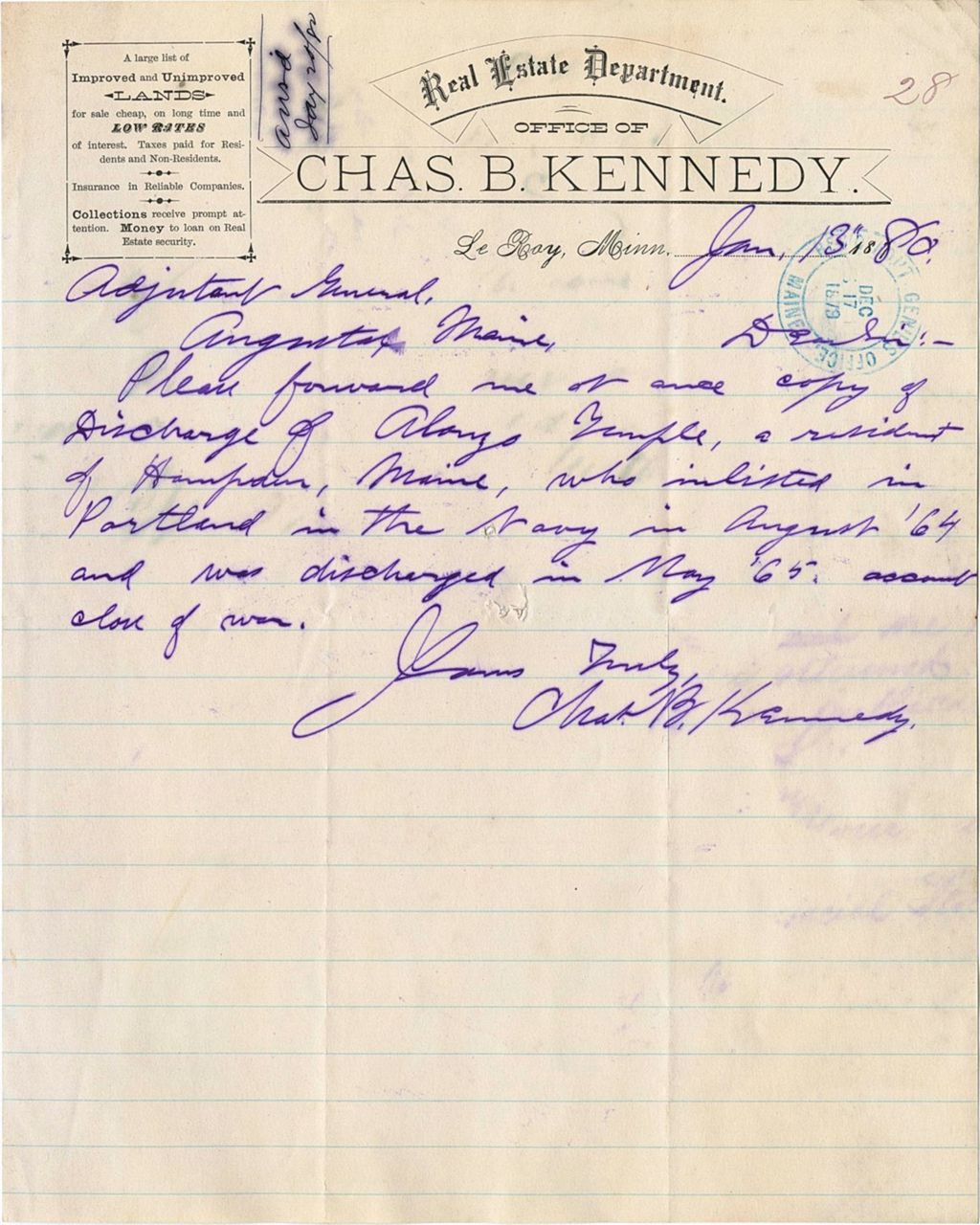 Miniature of Chas B. Kennedy requesting the discharge papers of Alonzo Temple, 1880-01-13