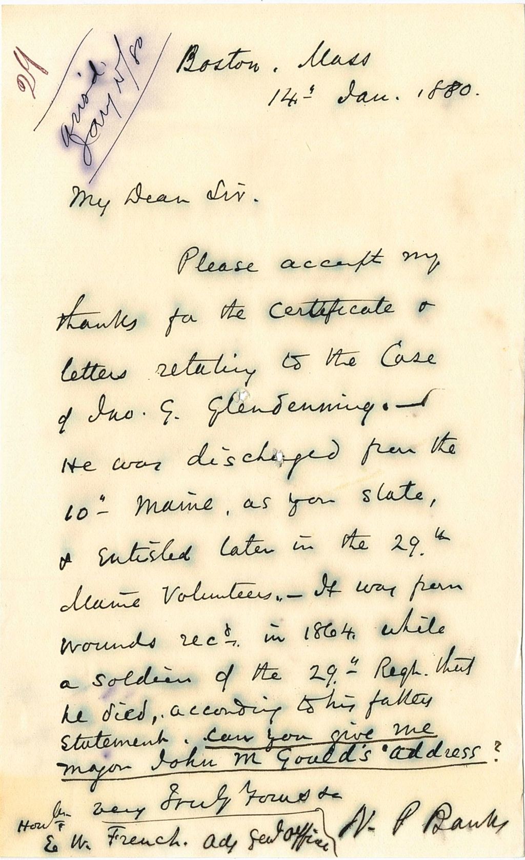 Miniature of N. P. [Pauk] requesting the address of major. John M. Gould, 1880-01-14